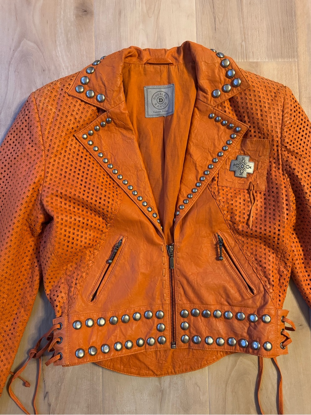 Double D Ranch Orange Leather Silver Studded Jacket - Picture 4 of 11
